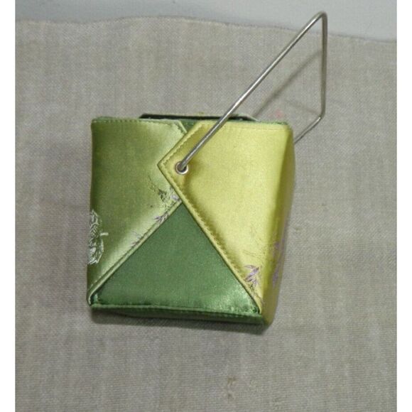 Chinese Take Out Food Box Purse Green Floral Brocade Satin Japanese Bag - Picture 3 of 6